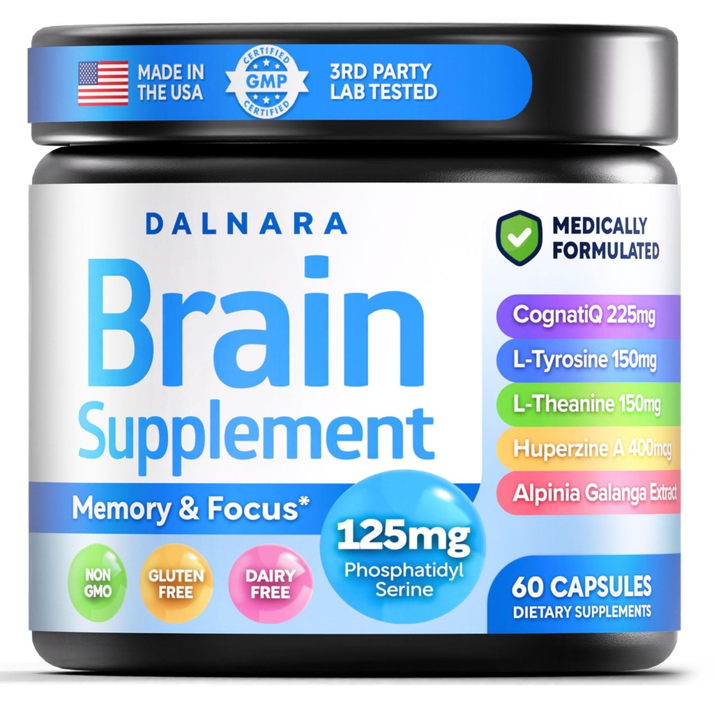 Hersensupplementen voor Geheugen en Focus voor mannen en vrouwen - Nootrope met Alpinia Galanga, CognatiQ, Fosfatidylserine, L-Theanine, L-Tyrosine - Brain Booster Geheugen Pillen Hersengezondheid - 60 Capsules