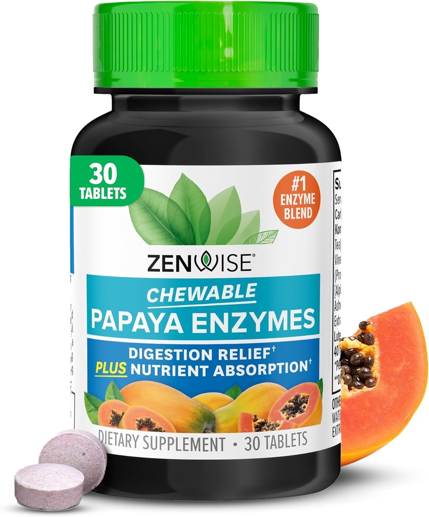 Zenwise Health Kauwbare Papaya Enzymen voor Digestie & Gut Support - Kauwbare Digestieve Enzyme Blend met Papain en Bromelain voor Digestieve Gezondheid & Bloating Relief - Vrouwen & Mannen - 30 tabletten