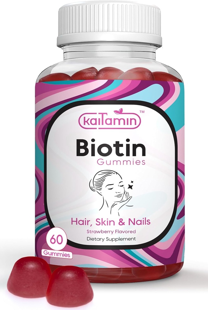Biotine Vitamine B7 Gommies pour la peau et les ongles des cheveux - 5000 mcg par portion - avec l'huile de mûre et de noix de coco, 60 Gommies aromatisées aux fraises - Tous naturels, sans gluten et végétariens (paquet de 1)