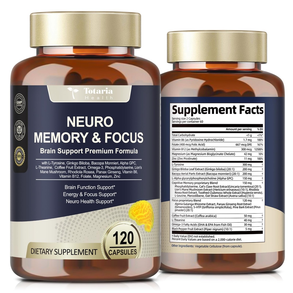Totaria Hersensupplementen voor Geheugen en Focus, Hersengezondheid met L-tyrosine, Alpha GPC, Ginkgo Biloba, Bacopa Monnieri, Nootrope Cognitieve Ondersteuning - Non-GMO, Glutenvrij (120 Tellingen)