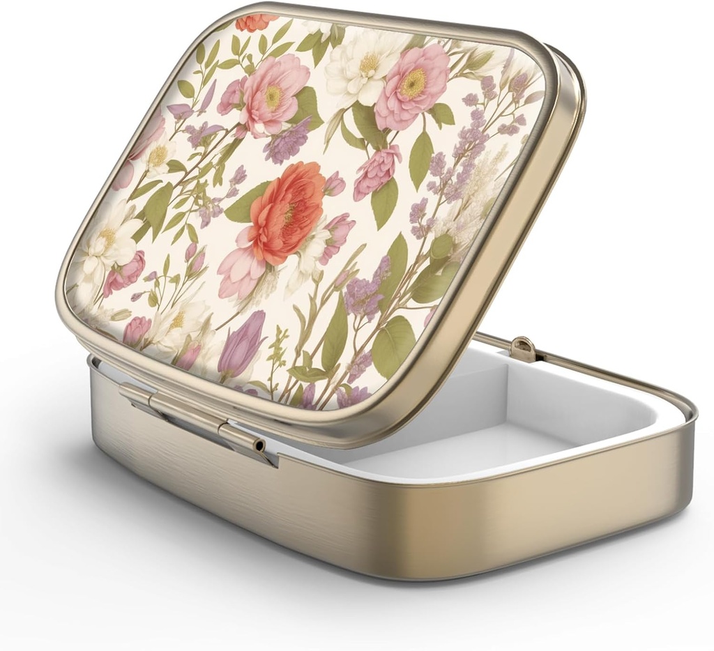 Pill Case Pill Box met Mirror Retro 2 Compartiment Kleine pil Case voor Purse of Pocket Bronze Rechthoekige pil Box of vitamines, Visolie, Supplementen, Pill Bevat reizen geschenken(Retro Rode bloemen)