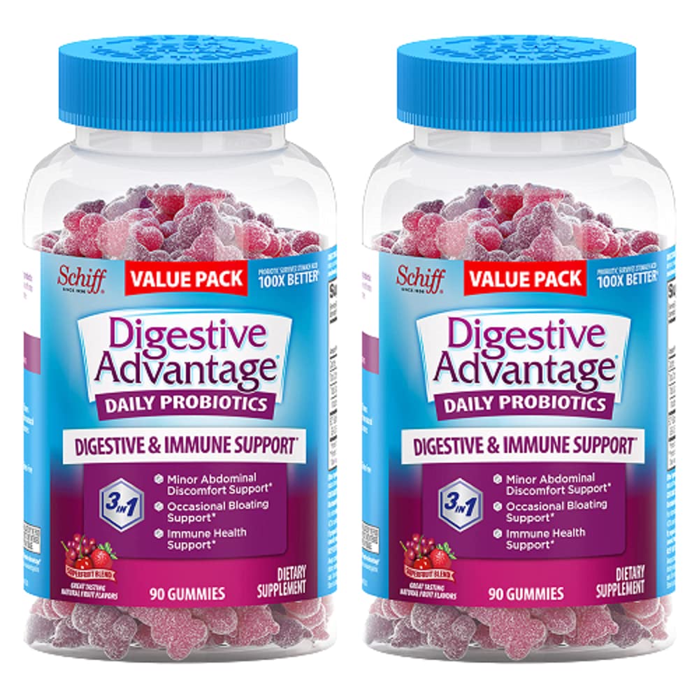 Digestive Advantage Daily Probiotic Gummies for Digestive & Gut Health for Men and Women, Superfruit Flavor, Red, 180 Count, Pack of 2