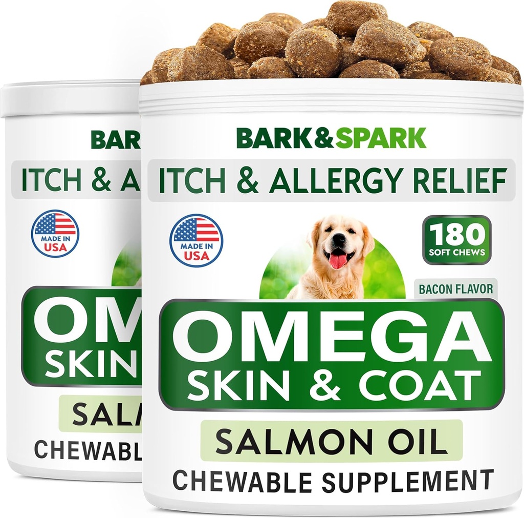 BARK&SPARK Omega 3 voor honden - 360 Visolie Treats for Dog Shedding, Skin Allergie, Itch Relief, Hotspots Treatment - Joint Health - Skin and Coat Supplement - EPA & DHA Fatty Acids - Salmon Oil -Bacon