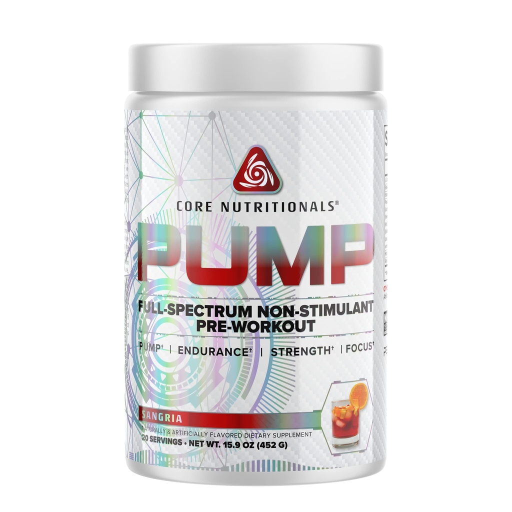 Core Nutritionals Pump Full-Spectrum Non-Stimulant Pre-Workout, met N03T Nitraat, Peak02, Alpha GPC, voor maximale pomp, sterkte en prestaties 20 Servers (Sangria)