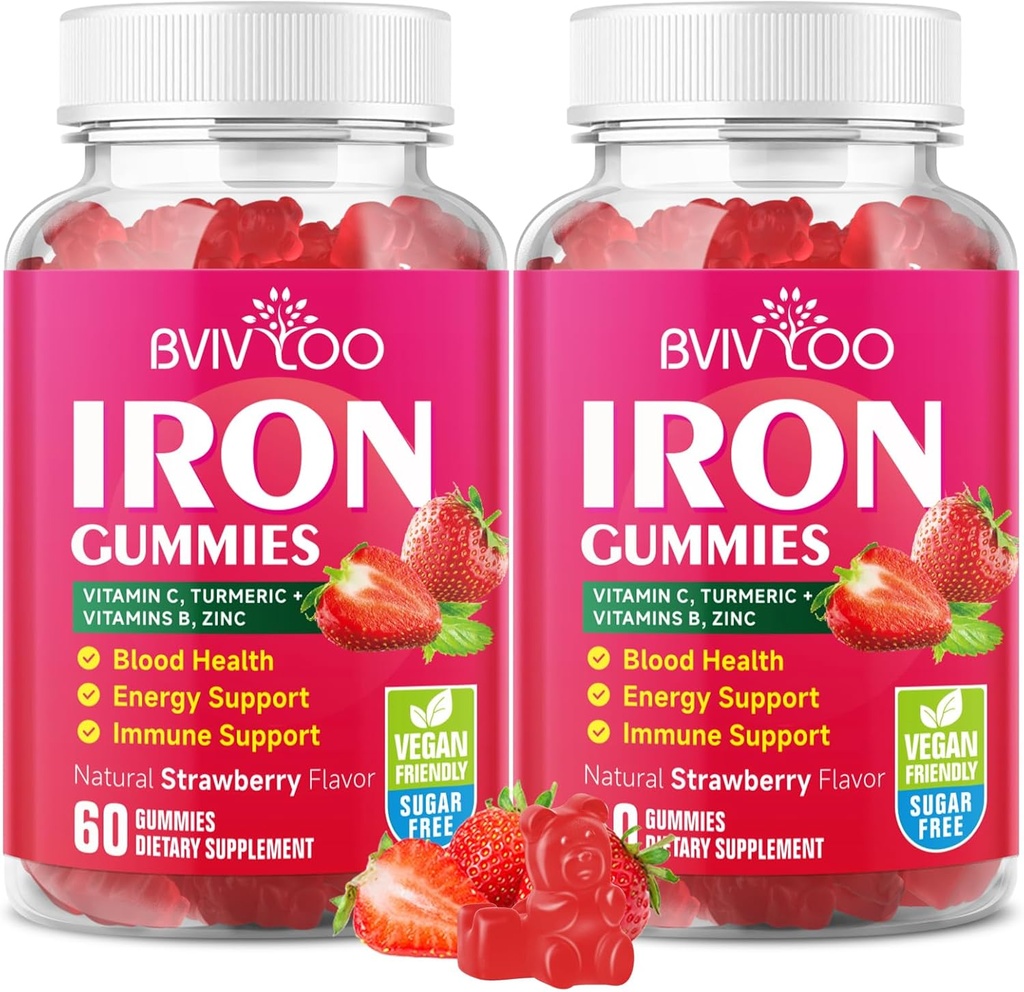 2 Pack Vegan Iron Gummies for Adults & Kids - with Vitamin C, A, B-Complex, Folate, Zink en Biotin - for Blood Building & Energy Support, 120 Gummies