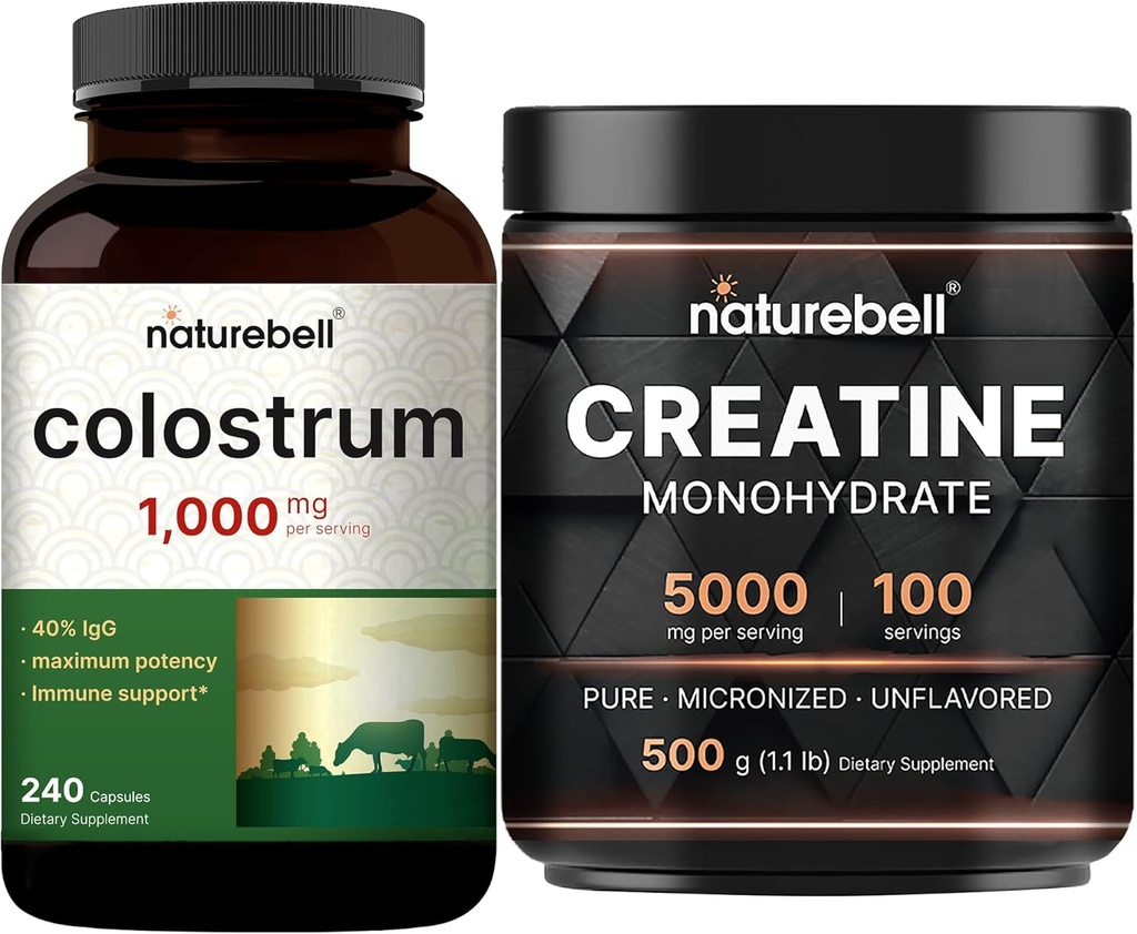 NatureBell Creatine Monohydraat Poeder & Colostrum 240 Capsules 1000mg Per Serving Bundle Pack