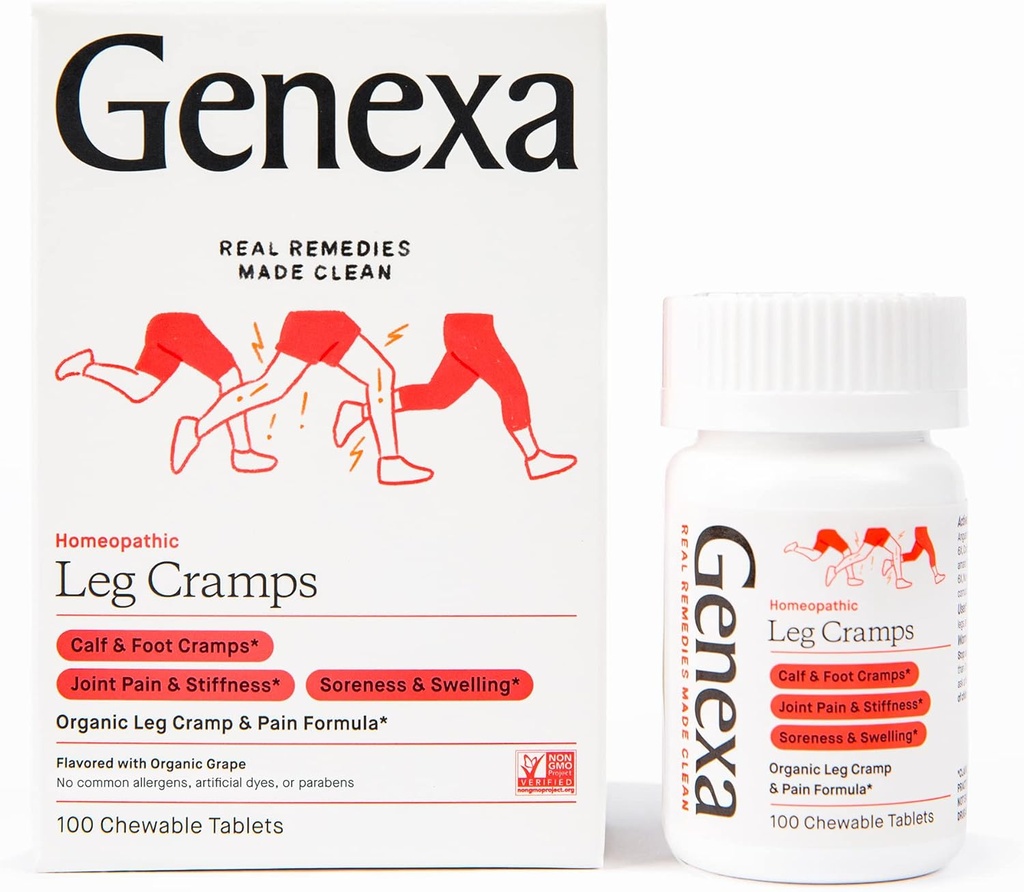 Genexa Leg Cramps Relief | Foot Cramp Defense, Joint Pain & Stiffness, Soreness & Swelling | Soothing Organic Grape Flavor | Vegan & Non-GMO | Homeopathic Remedy Made Clean | 100 Chewable Tablets