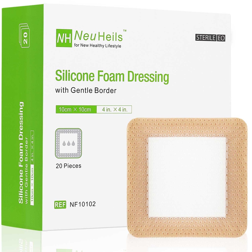 NeuHeils Silicone Foam Dressing with Gentle Border 4''x4'', 20 Pack for Bed Sore Leg Ulcer, High Absorbency Large Waterproof Silicone Wound Bandage