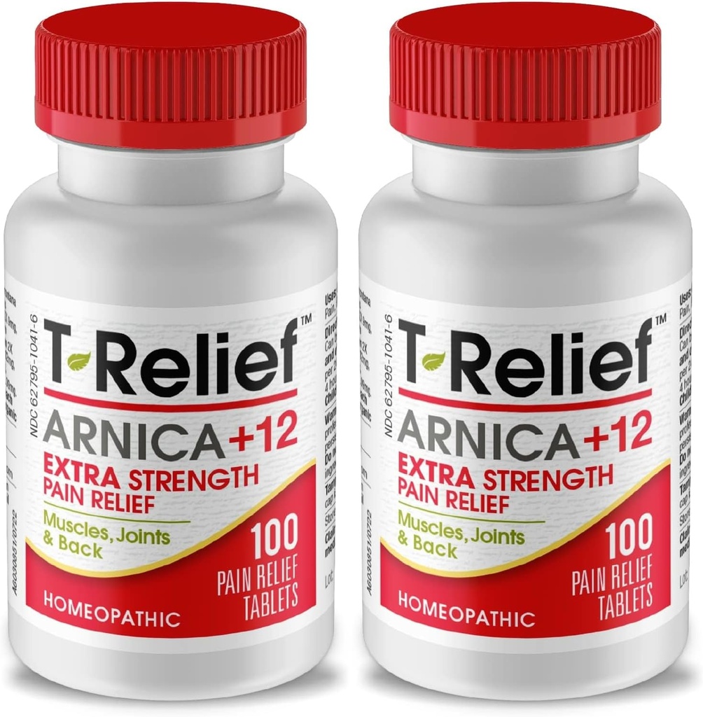 T-Relief Extra-Strength Arnica +12 actifs naturels de soulagement pour la douleur du dos Douleurs musculaires articulaires et étourdissement, corps entier soulagement rapide pour les femmes et les hommes - 100 comprimés (2 pack)