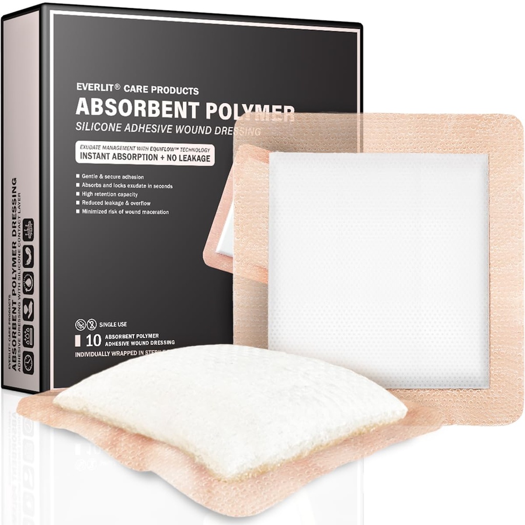 EVERLIT Silicone Super Absorbent Dressing | Sterile Adhesive Bandage Pad for High Absorbency & Reduced Skin Maceration | Fast Healing Advanced Wound Care for Heavily Exudating Wound (6" x 6")