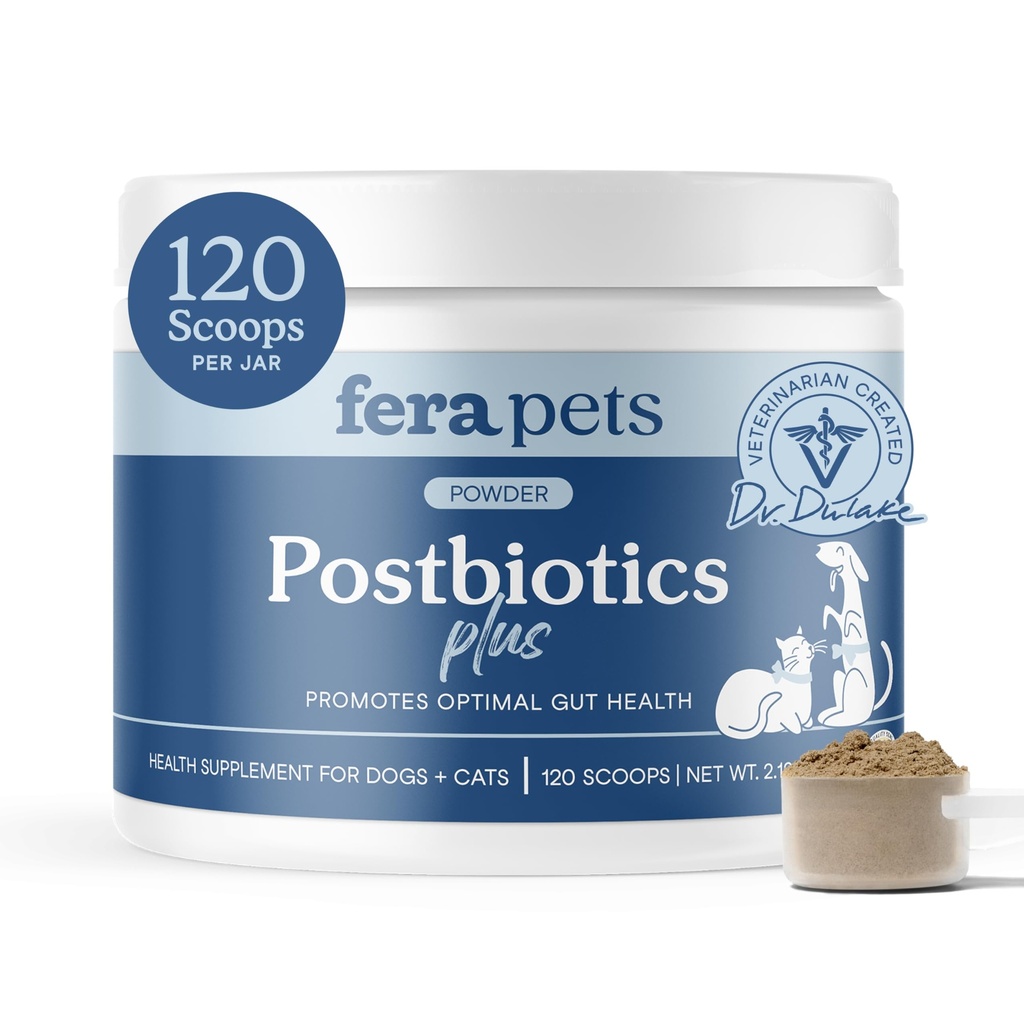 Fera animaux de compagnie postbiotiques plus prébiotiques pour les chiens et les chats - avec l'orme de sliperie - favorise la santé digestif optimale et la réponse inflammatoire - améliore l'immunité - 120 scoops