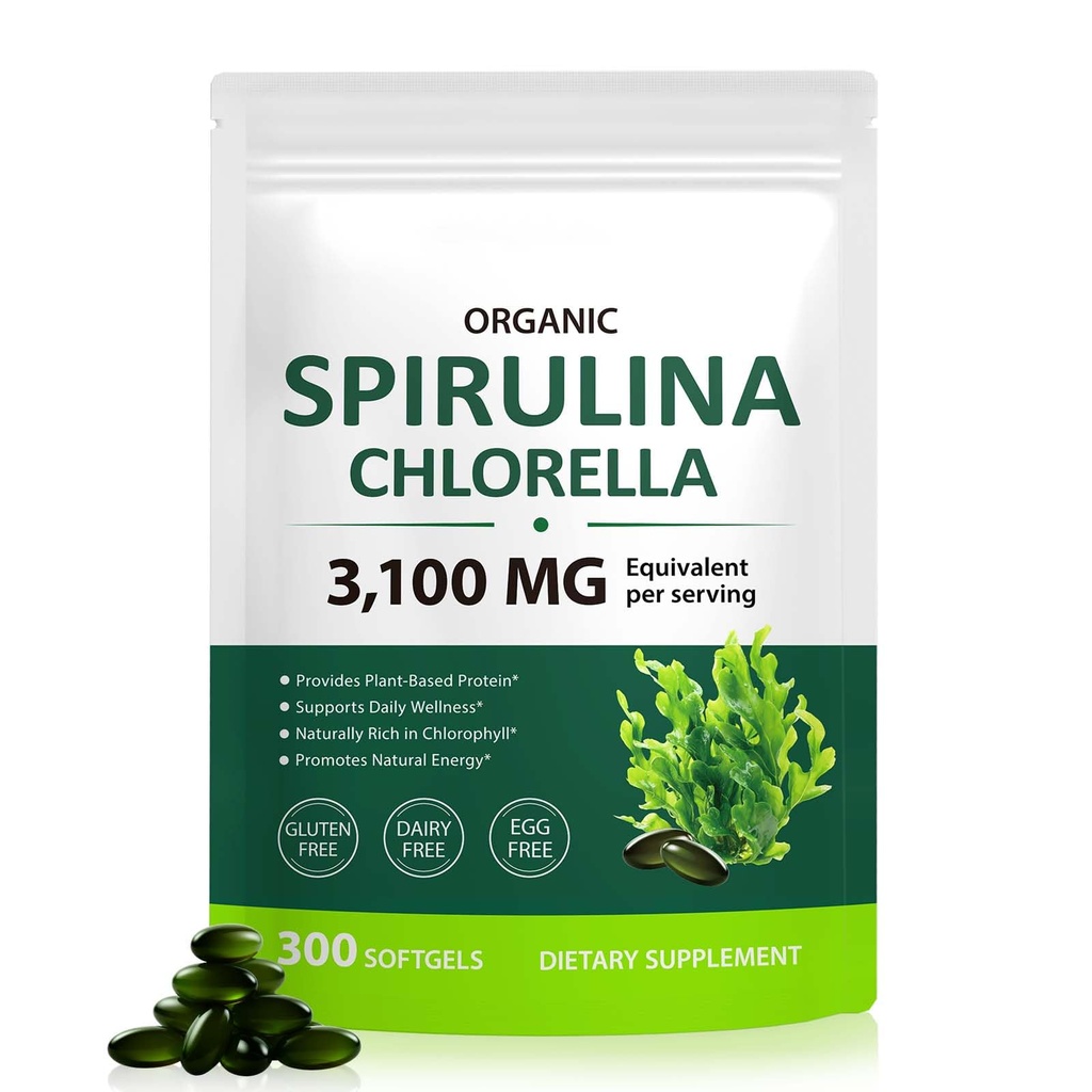 Tiuedu Spirulina Chlorella Softgels 300 Capsules, 17 in 1 Groene Nutrient Blend Spirulina Chlorella Softgels,Rijk aan plantaardige eiwitten, Vitaminen, Chlorofyl, Makkelijk Softgel te nemen