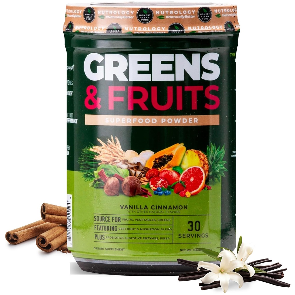 Nutrologie Groenen & vruchten Poeder-Naturally Sourced Superfood, Beet Powder, Mushroom Blend, Probiotica, Digestieve Enzymen, Vezel, Antioxidanten, Immune Support, Glutenvrij - Vanille Kaneel