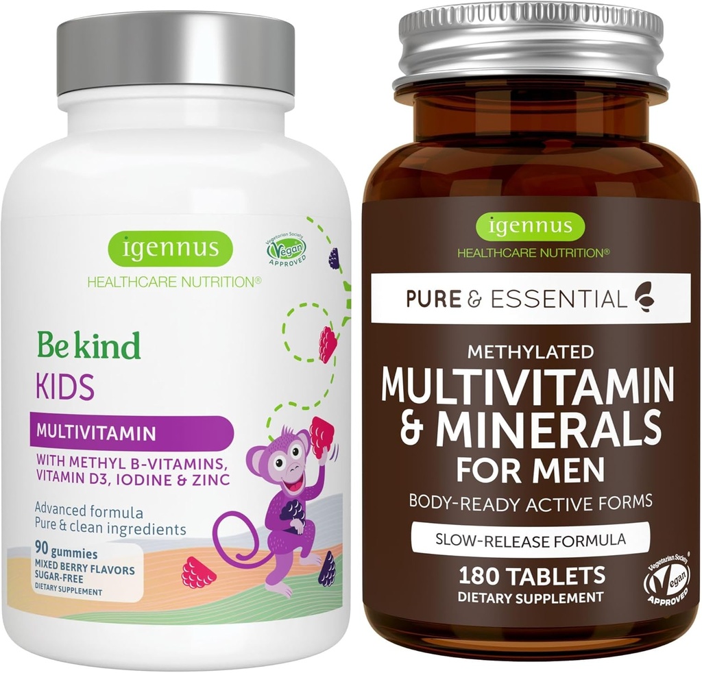 Gemethyleerde Kids Multivitamine Gummy + Gemethyleerd Mannen Multivitamine Bundle, MTHFR Supplementen met Actieve B-Vitaminen, Clean Label, door Igennus