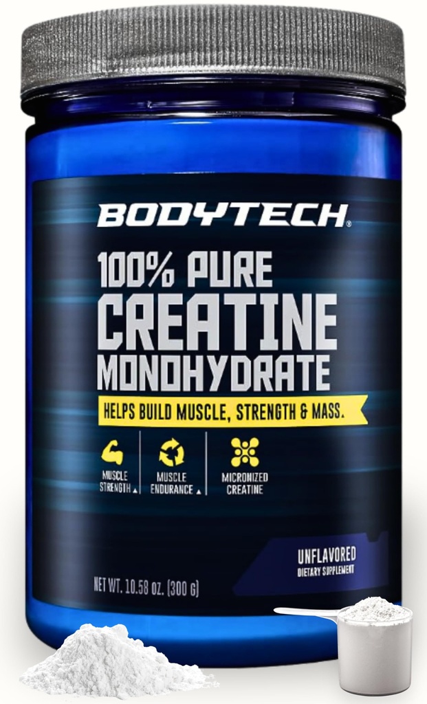 BodyTech Creatine Monohydraat Poeder, Unflavored Micronized Creatine Formula for Men and Women, 5g per Serving, Pre Workout & Post Workout Supplement, Glutenvrij, Suikervrij, 10.58 Oz, 60 Servers