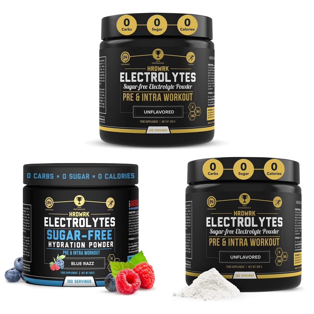 HRDWRK - 100 portions Kéto Electrolytes Poudre d'hydratation sans sucre - Poudre d'électrolyte pour stimuler l'endurance et réduire la fatigue avec supplément d'électrolytes (ensemble non aromatisé de 2 et Razz bleu)
