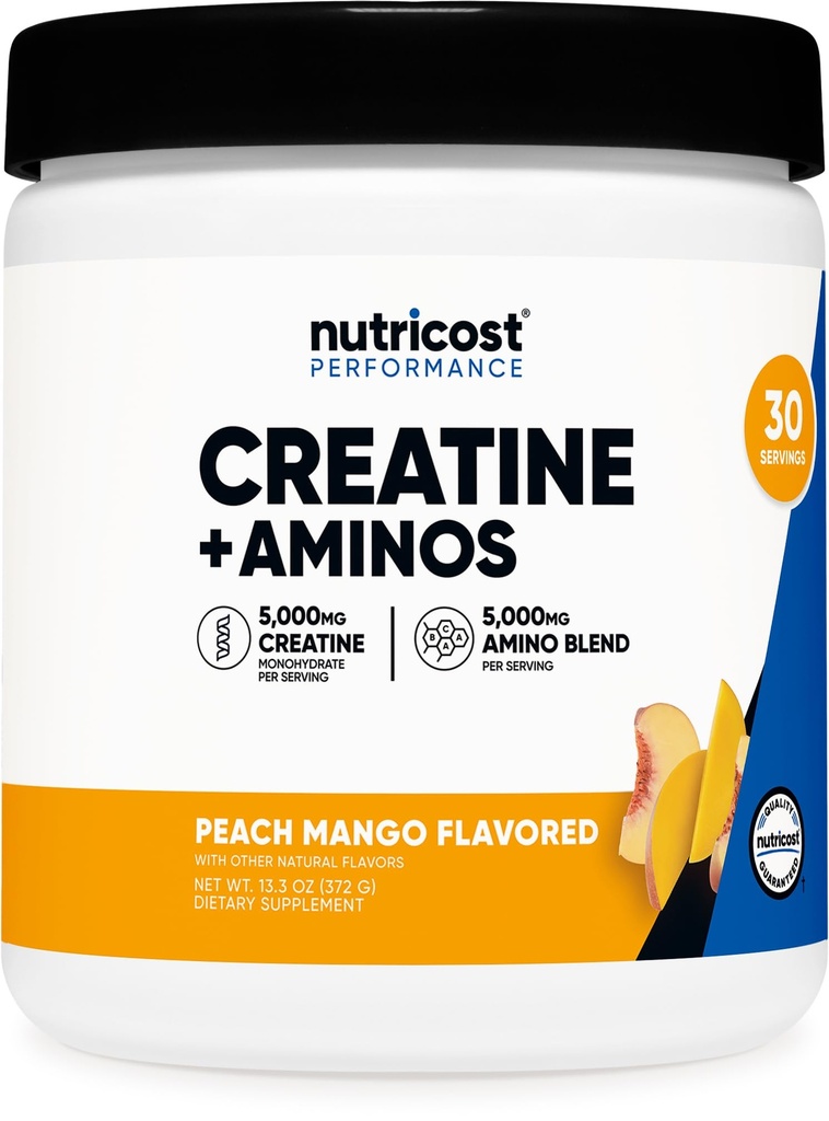 Nutricost Creatine + Aminos 30 Servings (Peach Mango Flavored) - 5,000mg Creatine Monohydrate + 5000mg Amino BCAA Blend Per Serving