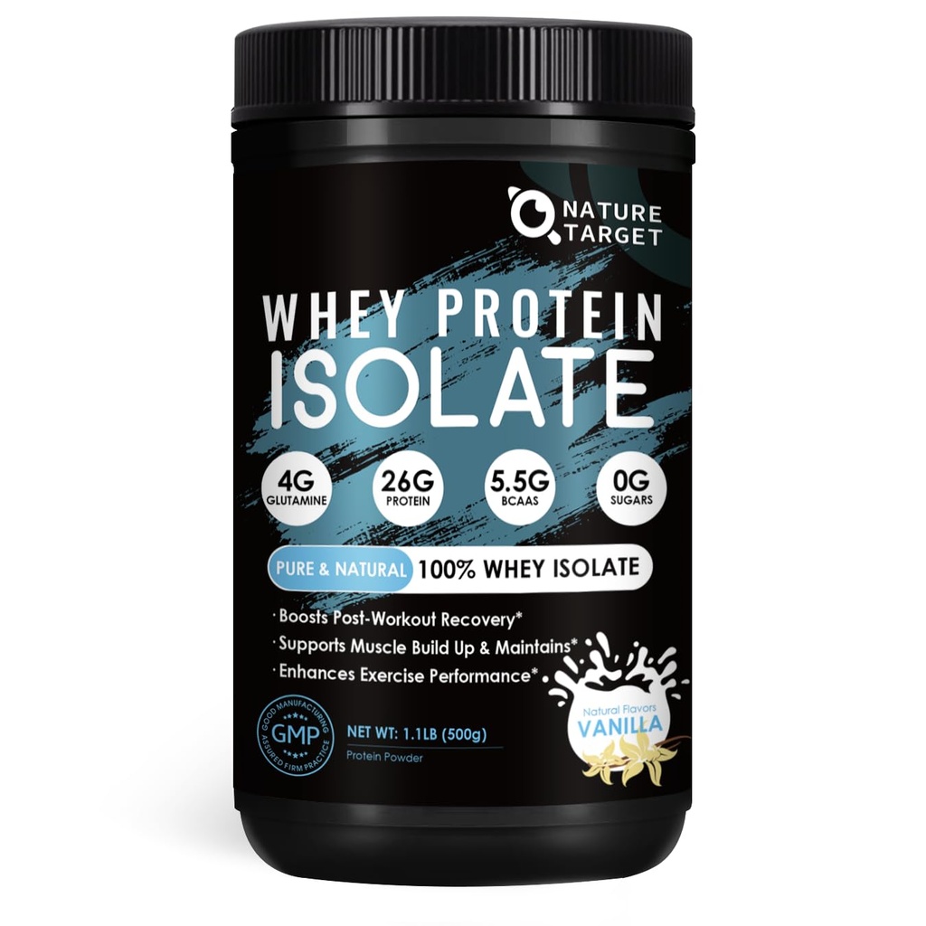 NATURE TARGET 100% Whey Protein Isolate - Vanilla, 26g Protein, Only 4 Ingredients - 0 Sugar, Keto Friendly, Gluten-Free - 1.1 LB (16 Servings)