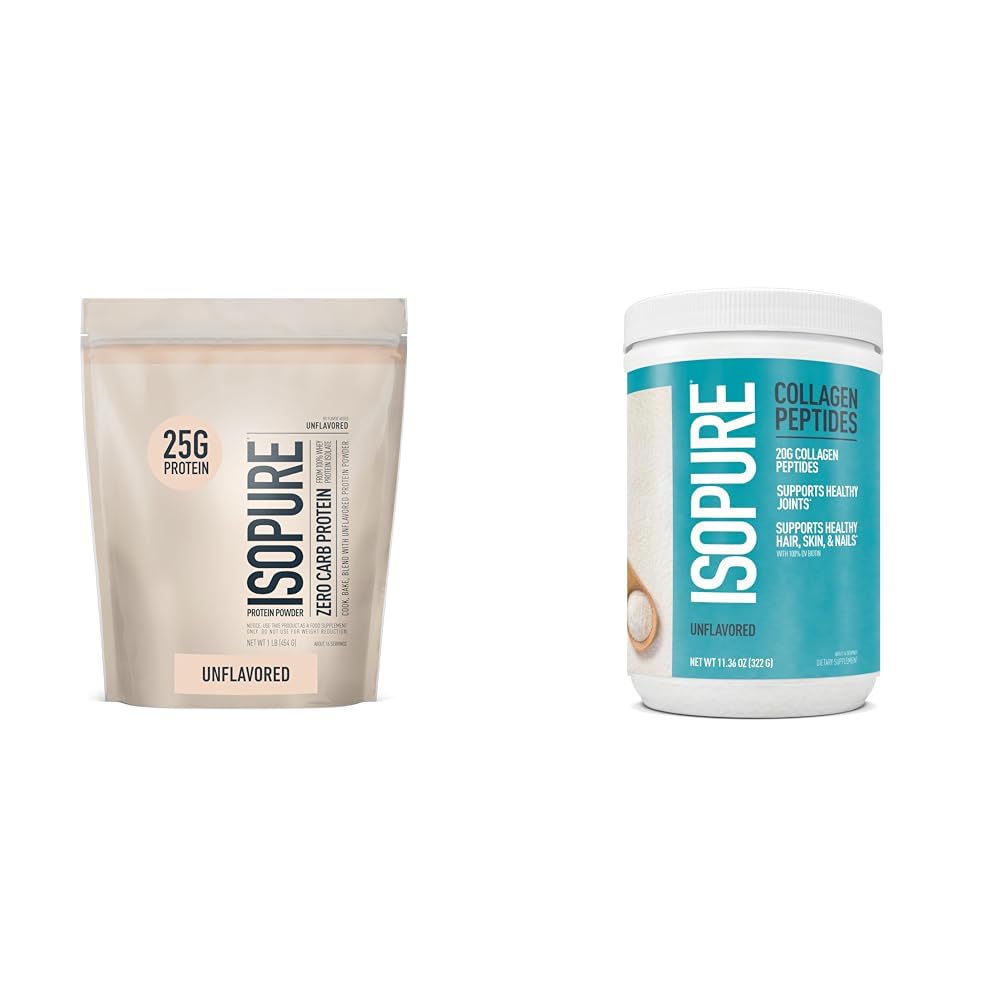 Bundle of Isopure Unflavored Whey Protein Isolate, 25g Protein, Zero Carb, 16 Servings, 1 Pound (Packaging May Vary) + Collagen Peptides Powder, 14 Servings, Unflavored, with Vitamin C, with Biotin