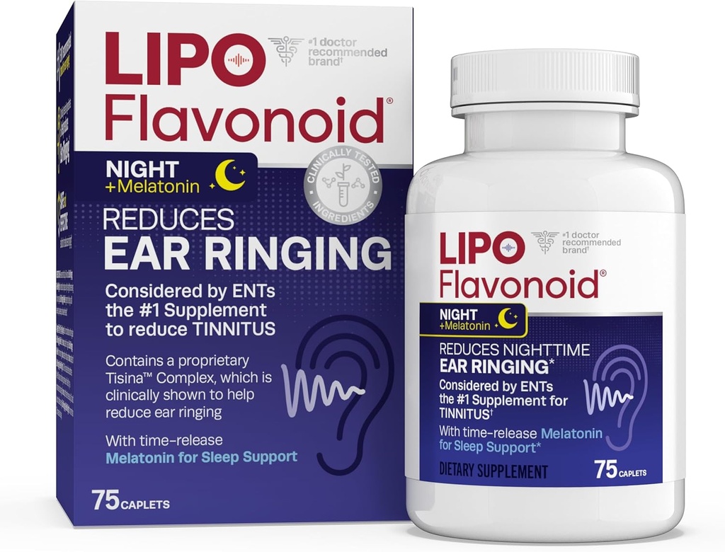 Lipo-Flavonoïden Nighttime PM voor Tinnitus Relief - Slaaphulp met Melatonine, Bioflavonoïden, & Vitamine C - Ringen in de oren, Oorgezondheid, & Relaxatie - Gebruik met Lipo-Flavonoïde Plus - 75 Capletten