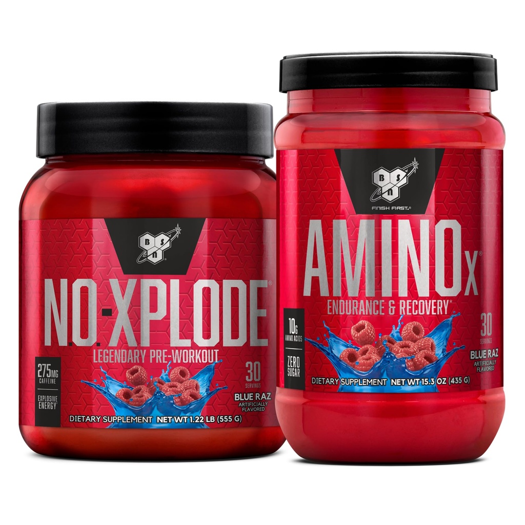 BSN Workout bundel van NO XPLODE Pre Workout Powder Blue Raz, 30 Serves Amino X Muscle Recovery Intra Workout Ondersteuning, Cafeïne Gratis Blue Raz, 30 Servers
