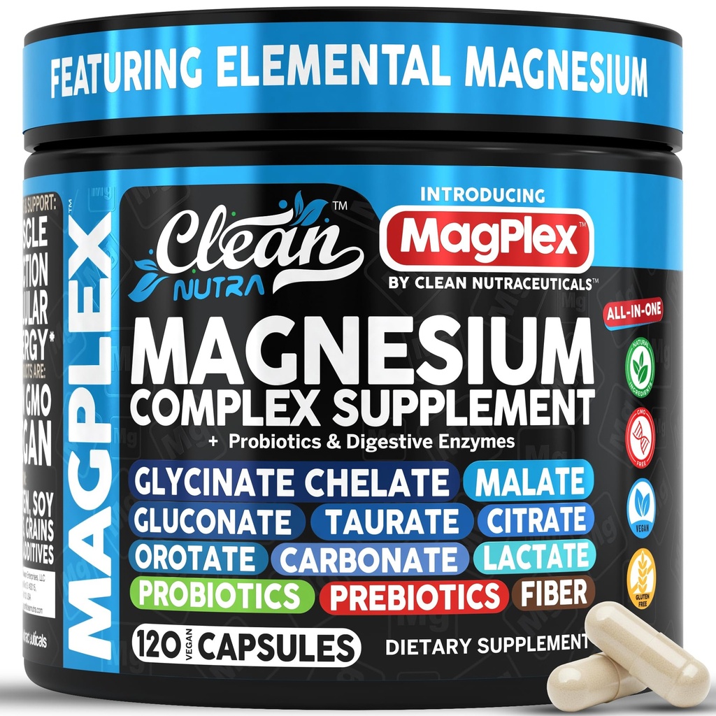 8in1 Magnesium Supplement Complex | Magnesium Glycinate Citrate Malate Gluconate Orotate Carbonate Lactate + Prebiotics Probiotics Digestive Enzymes Magnesio Capsules for Women Men By Clean Nutra