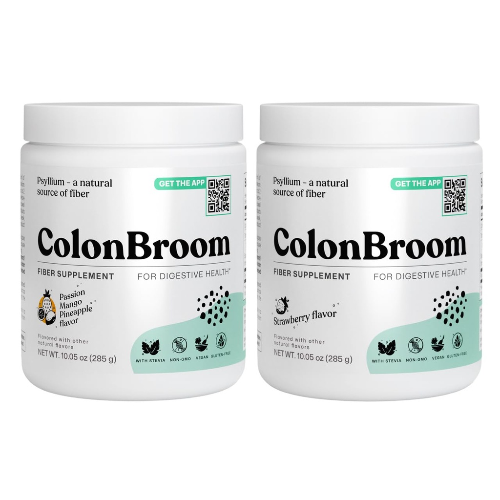 ColonBroom Psyllium Husk Powder - Colon Cleanse for Bloating Relief & Gut Health - Fiber Powder Drink - Easy to Mix - Vegan, Gluten Free, Non-GMO - Strawberry & Tropical Fruits (2 Pack)
