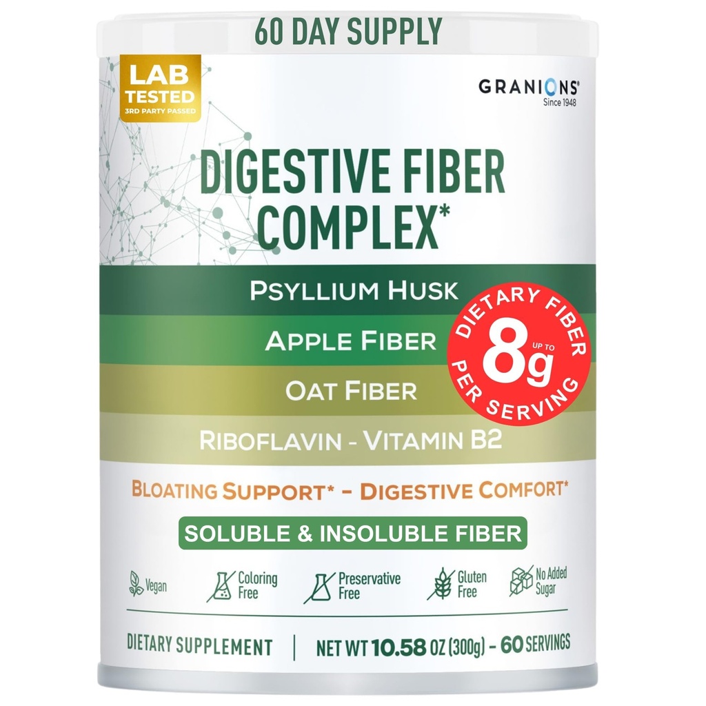 Psyllium Husk Powder 4in1 Digestive Fiber Supplement - Gut Health, Bloat Relief for Women and Men, Soluble and Insoluble Psyllium Husk Fiber Powder, Vitamin B2 - Vegan, Unflavored, Sugar-Free, 60 Day