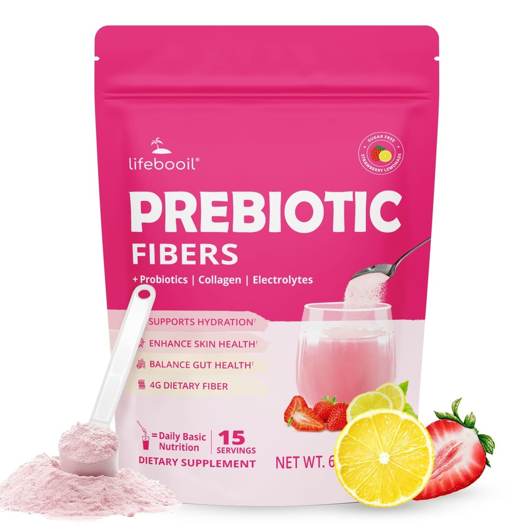 Daily Fiber Supplement for Women & Men, Fiber Powder with Probiotics, Collagen & Electrolytes- Supports Digestive & Gut Health, Bloating Relief | Sugar Free, Strawberry Lemon Flavor, 15 Servings