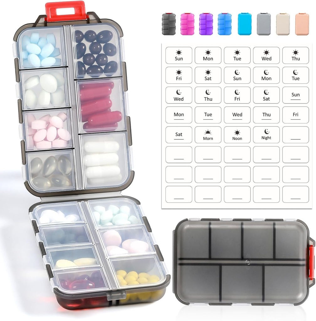 14 GRIDS Travel Pill Organizer Box met labels - Reizen Medicine Case Kit - Pocket Daily Pharmacy Container - Travel Medication Holder Dispenser voor Visolie Vitamine Supplement Opslag - Clear Gray
