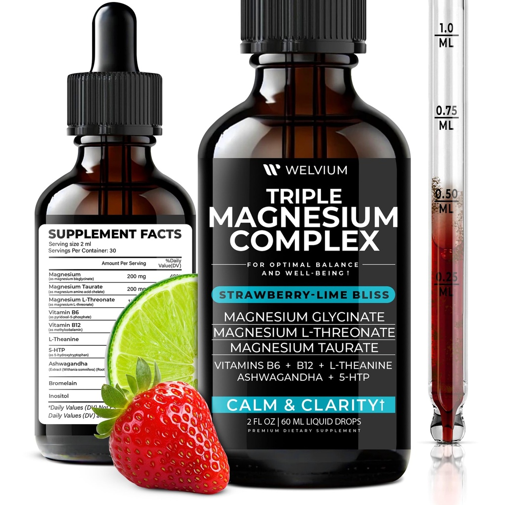 Triple Magnesium Complex Liquid Drops - Magnesium Glycinate Supplement with L-Threonate, Taurate - Ashwagandha, L-Theanine, 5-HTP, Vitamins B6, B12, Bromelain, Inositol for Mineral Balance