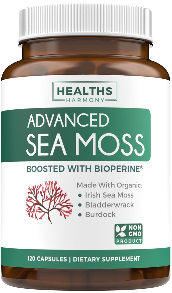 Capsules de mousse de mer d'Irlande biologique - Capsules de mousse de mer biologique avec racine de dard Bladderwrack et extrait de poivre noir pour l'absorption améliorée - Vegan non-OGM et fabriqués aux États-Unis (2 mois d'approvisionnement)