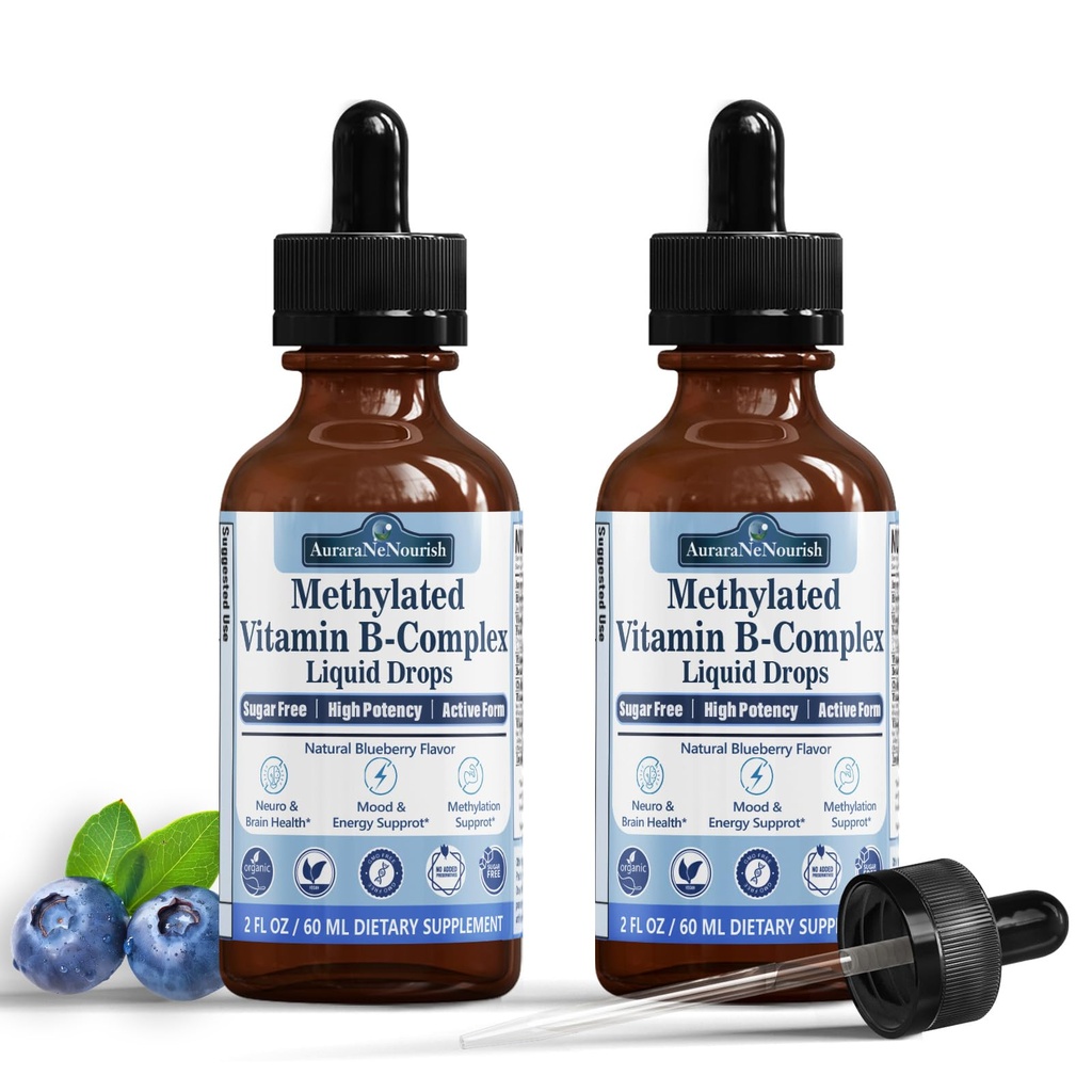 2 Packs Methylated B Complex Vitamins w. L-5-MTHF Folaat, Vitamine B2 B6 & B12 voor mannen en vrouwen, Complete 9-in-1 Methyl B Supplement voor energiesteun, Mood & nerve Health Vegan Glutenvrij