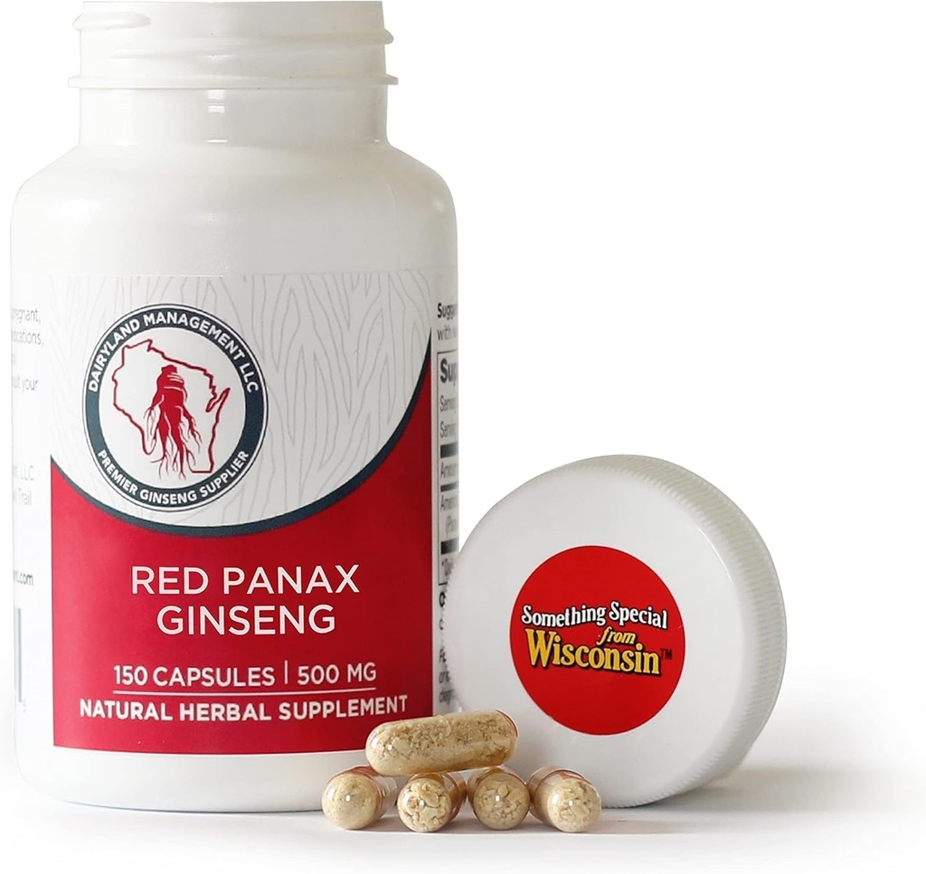 Dairyland Management LLC 100% Authentic Korean Red Panax Ginseng Capsules -500 mg. Potent Ginseng Root Extract Poeder - Geen Fillers, Bindmiddelen of andere Additieven. (150 ct)