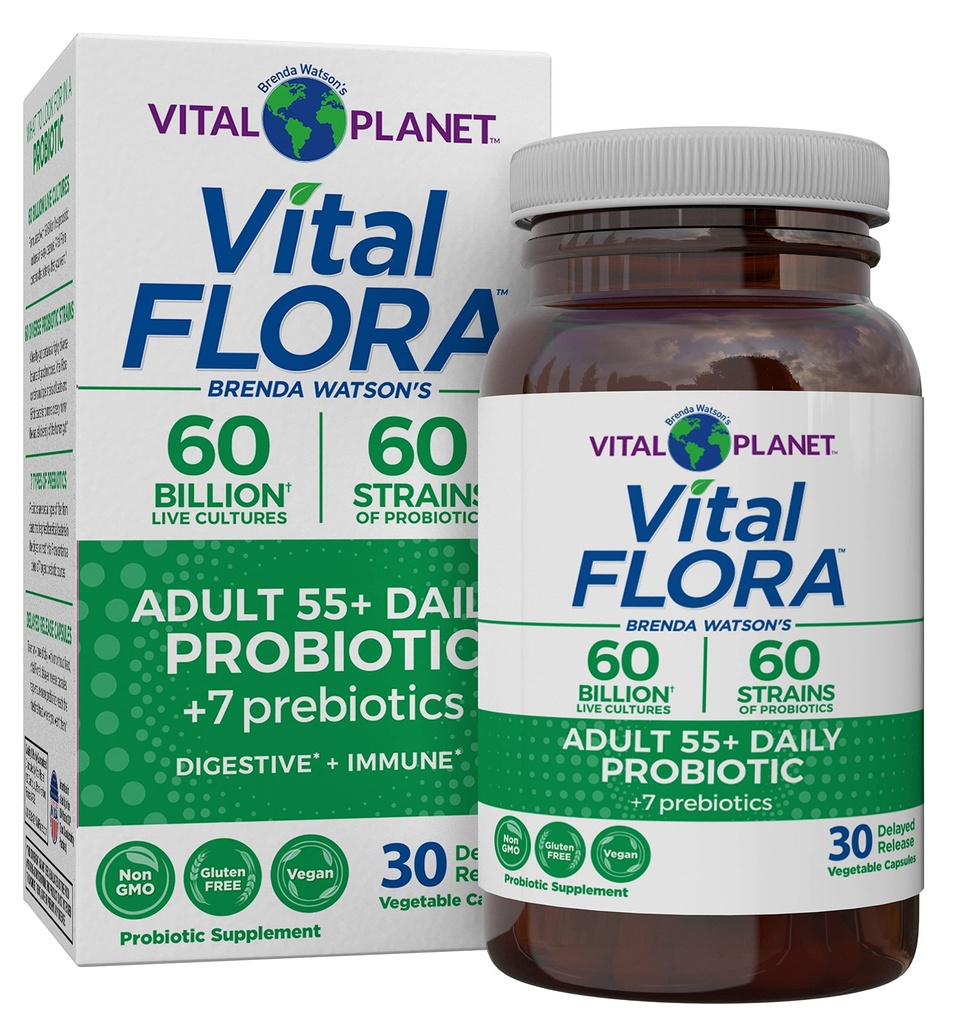 Vital Planet - Vital Flora Adults Over 50 Daily Probiotic 60 Billion CFU, 60 Diverse Strains, 7 Organic Prebiotics, Immune Support, Gas, Digestive Health Probiotics for Women and Men, 30 Capsules