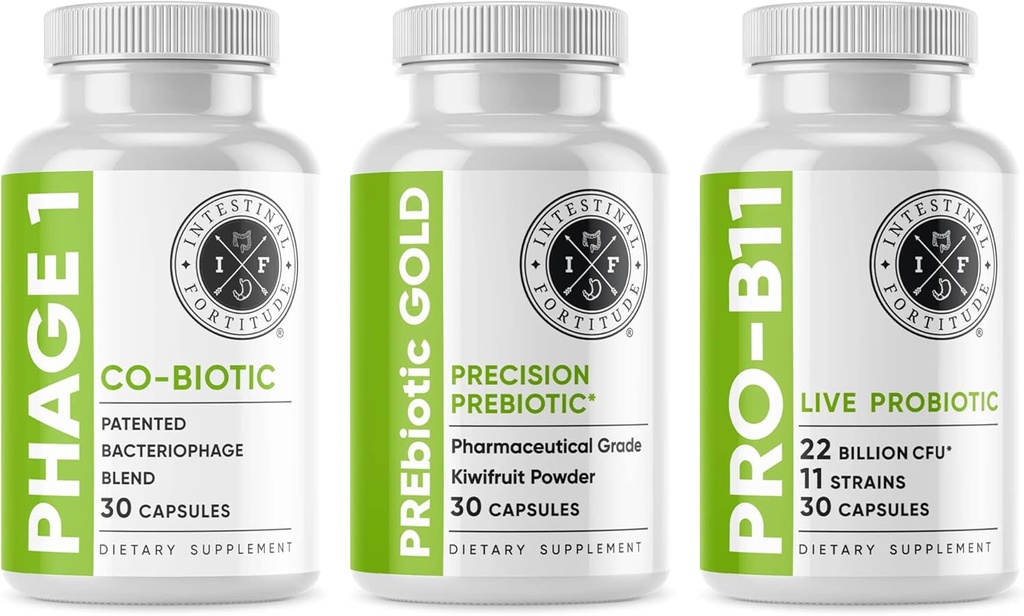 Intestinal Fortitude Gut Health Supplement Bundle - PREbiotic Gold, PRO-B11, Phage 1 - w/Goud Kiwifruit pectine, SCFA's, en 22 miljard CFU voor Microbiome Support, Gluten, soja, & Dairy-Free Capsules