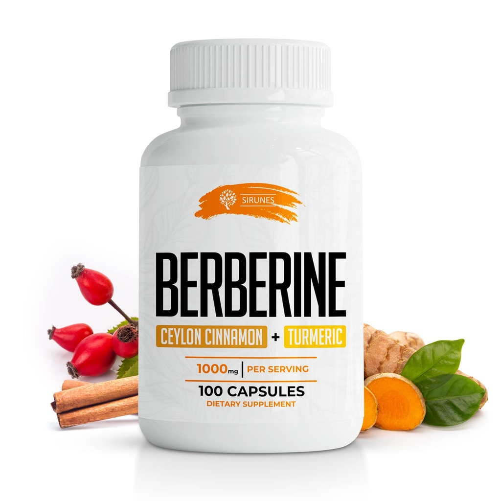 SIRUNES Berberine Capsules with Ceylon Cinnamon & Turmeric – GLP-1 Lifestyle Support | Blood Sugar Management, Weight Management & Glucose Support – Non-GMO Herbal Supplement 100 Count