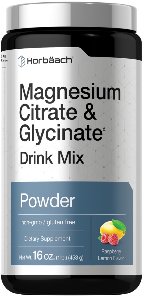 Horbaach Magnesium Citrate & Glycinate | 325 mg | 16 oz | Raspberry Lemon Flavored Drink Mix | Vegan, Non-GMO and Gluten Free