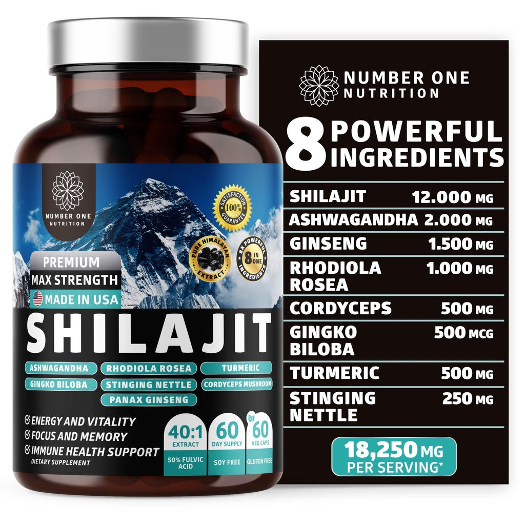 Pure Himalayan Shilajit pour les femmes et les hommes [Acide Fulvic à 50%] Mieux que la résine avec Ashwagandha, Ginseng, Turmeric, Gingko Biloba, Sting Nettle, Cordyceps pour soutenir l'énergie et l'immunité, 60Caps