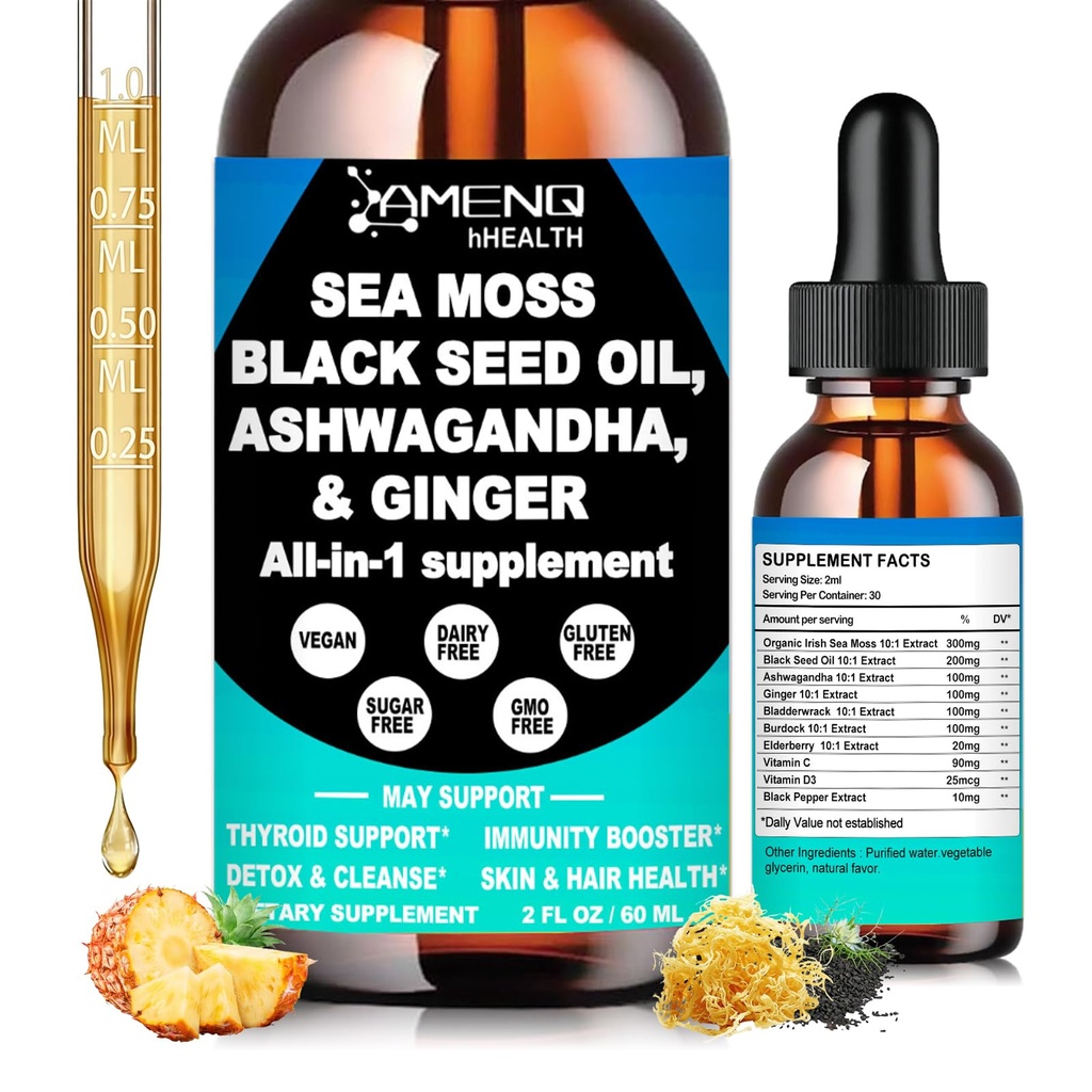 Sea Moss Drops for Women Men, Organic Irish Sea Moss Black Seed Oil Ashwagandha Ginger, Liquid SeaMoss Supplement for Gut & Immune Health, Fast Absrob Than Sea Moss Gel Superfood, Gummies or Capsules