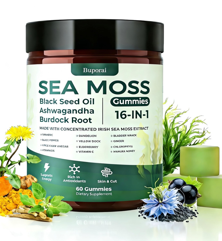 Sea Moss Gummies 16-1, Black Seed Oil Ashwagandha Turmeric Bladder Wrack Vitamin C Vitamin D3 Elderberry Manuka Dandelion Yellow Dock Apple Cider Vinegar for Men & Women