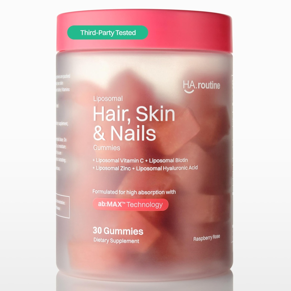 Haroutine Liposomal Hair, Skin & Nails Gummies, 2500 mcg Liposomal Biotin, 1200 mcg Vitamin A, 2 mg Vitamin E, Healthy Hair, Nail Strengthener, Skin Support - 30 Servings Raspberry Rose Flavor