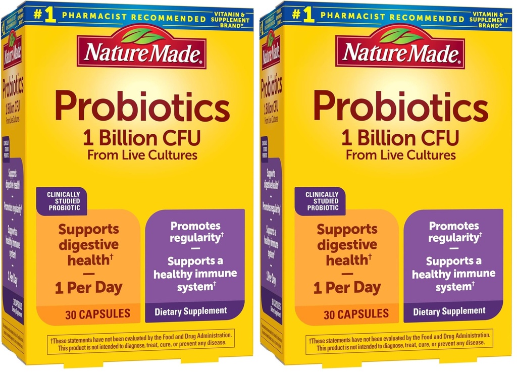 Nature Made Probiotics for Women and Men, Probiotic Capsules 1 Billion CFU from Live Cultures for Immune & Digestive Support, 30 Capsules, 30 Day Supply,(Pack of 2)