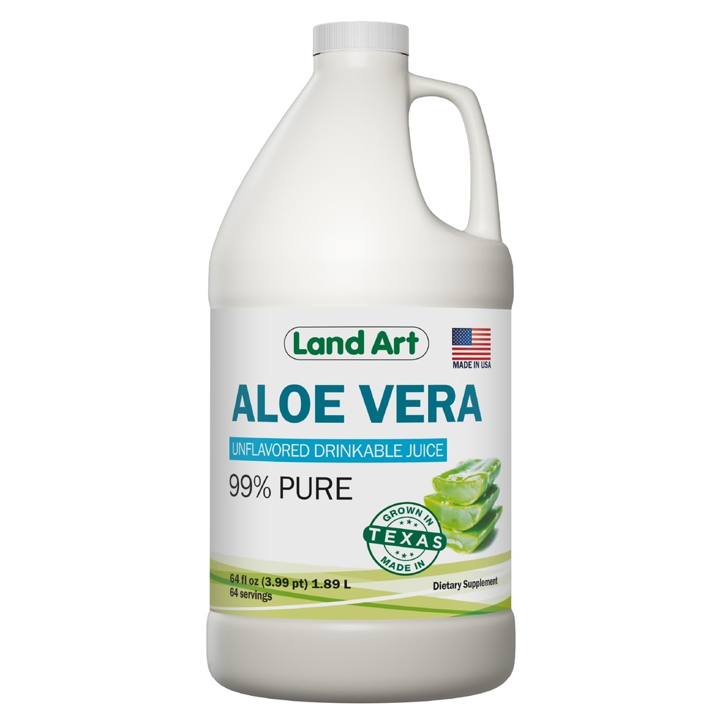 Land Art - Pure Aloe Vera Juice Unlavored – Cold-Processed - 99,7% Aloe Vera Bio Filet intérieur de feuilles fraîches du Texas – Digestive Health, Detox and Natural Wellness – 64 fl oz