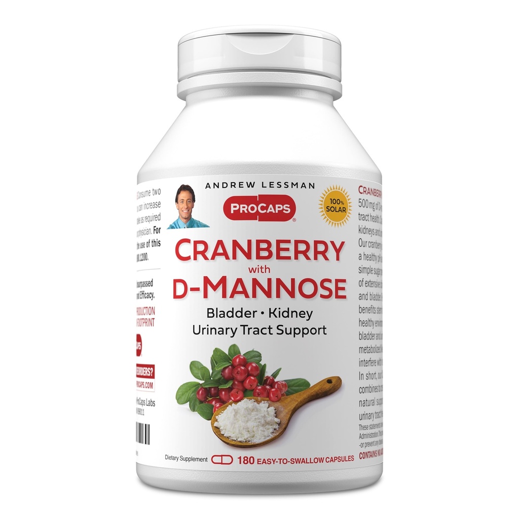 ANDREW LESSMAN Cranberry met D-Mannose - 180 Capsules - Ondersteunt Bladder, Nier en urinetrek gezondheid. High Potency Standardized Cranberry Concentrate en D-Mannose. Gemakkelijk te slikken capsules