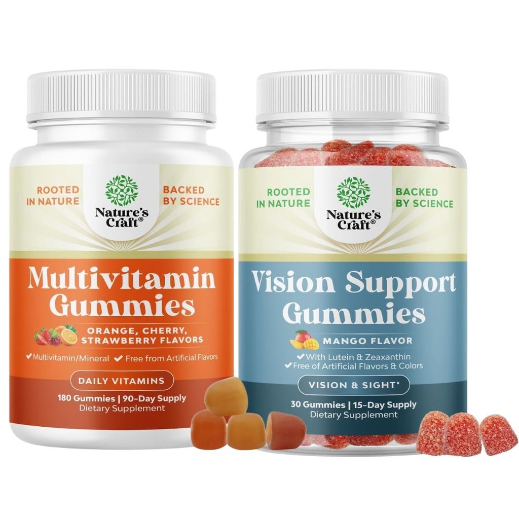 Bundle of Potent Daily Multivitamin Gummies for Adults with Vitamin D A C E B12 Zinc Biotin Gluten Free Halal and Vision Support Gummies with Lutein Zeaxanthin for Eye Health Blue Light Protection