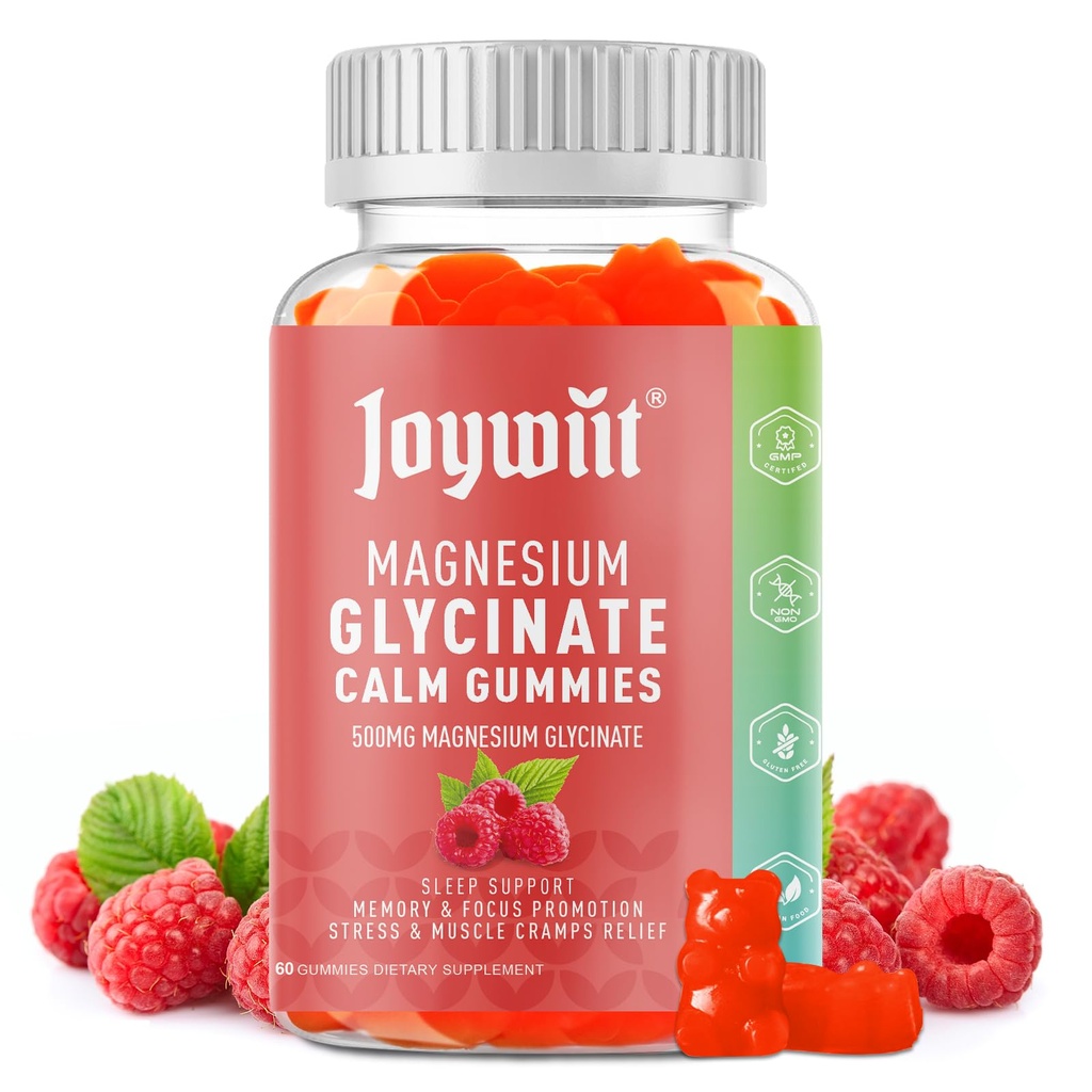 Magnesium Glycinate Gummies 500mg Magnesium Supplement Gummies, Threonate 200mg, Vitamine D,B6,B12,Calm Mood, Muscle Relief, Nerve Health, Bone Support- 60 Tellingen