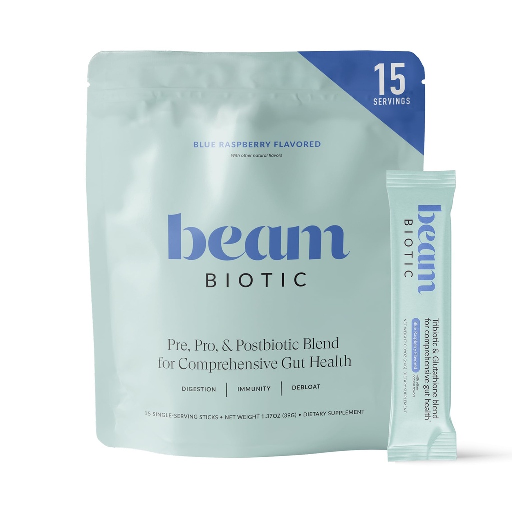 Beam Biotic Probiotics for Women – Gut Health & Digestive Health Powder with Pre, Pro & Postbiotics + Glutathione, Daily Probiotic Drink for Bloating Relief & Gut Balance, 15 Servings, Blue Raspberry