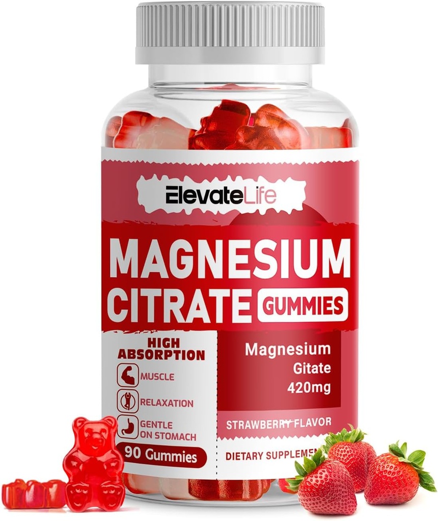 Magnesium Glycinate Gummies 1000mg - Suikervrij Magnesium Kaliumsupplement met Vitamine D, B6, CoQ10 voor Kalm Mood & Slaap Ondersteuning - 60 Aardbei Gummies