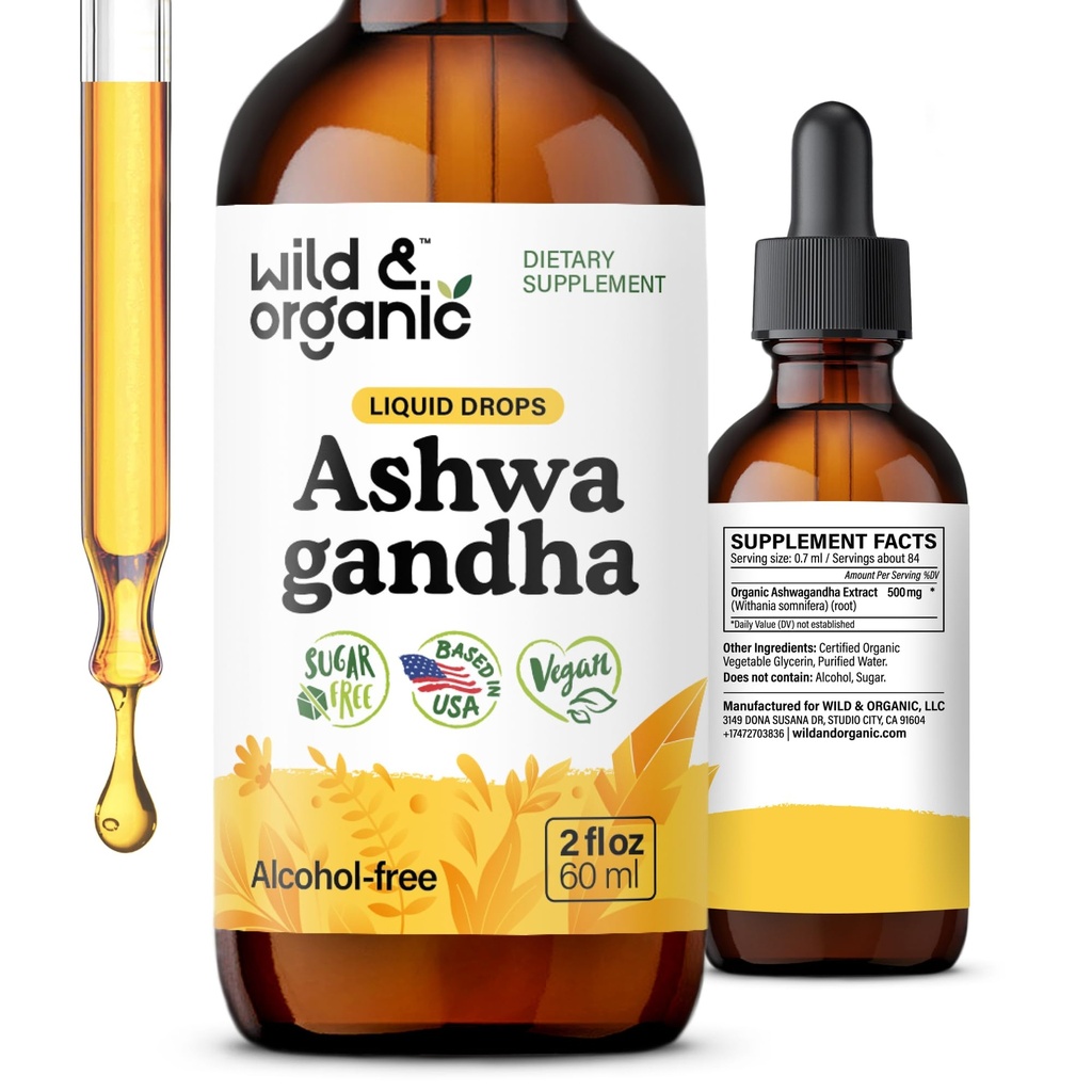 Wild & Organic Ashwagandha Extract Liquid Drops - Relaxation & Calmness Support - 500 mg Ashwagandha for Men & Women - Add to Tea Herbal Supplements - Vegan, Sugar & Alcohol-Free Tincture - 2 fl oz